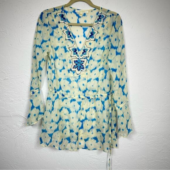 Jenny Han Yellow Blue Silk Beaded Boho Tunic Womens S Beachy Sheer Long Sleeve - Picture 1 of 11